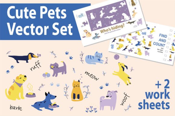 Download Cute Pets Vector Set + Worksheets - Vector Collection