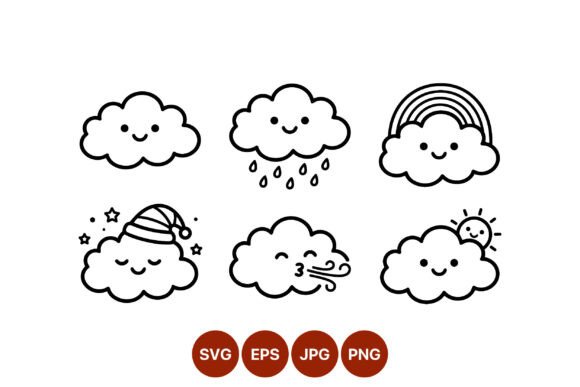 Download Cute Cloud Faces Black White Vector - Vector Collection