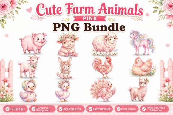 Download Pink Cute Farm Animals PNG Bundle - Farm Collection